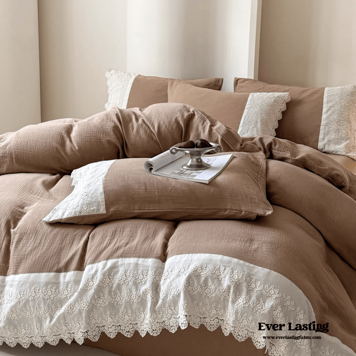 Margaux Lace Double Gauze Bedding Set / Chocolate Brown