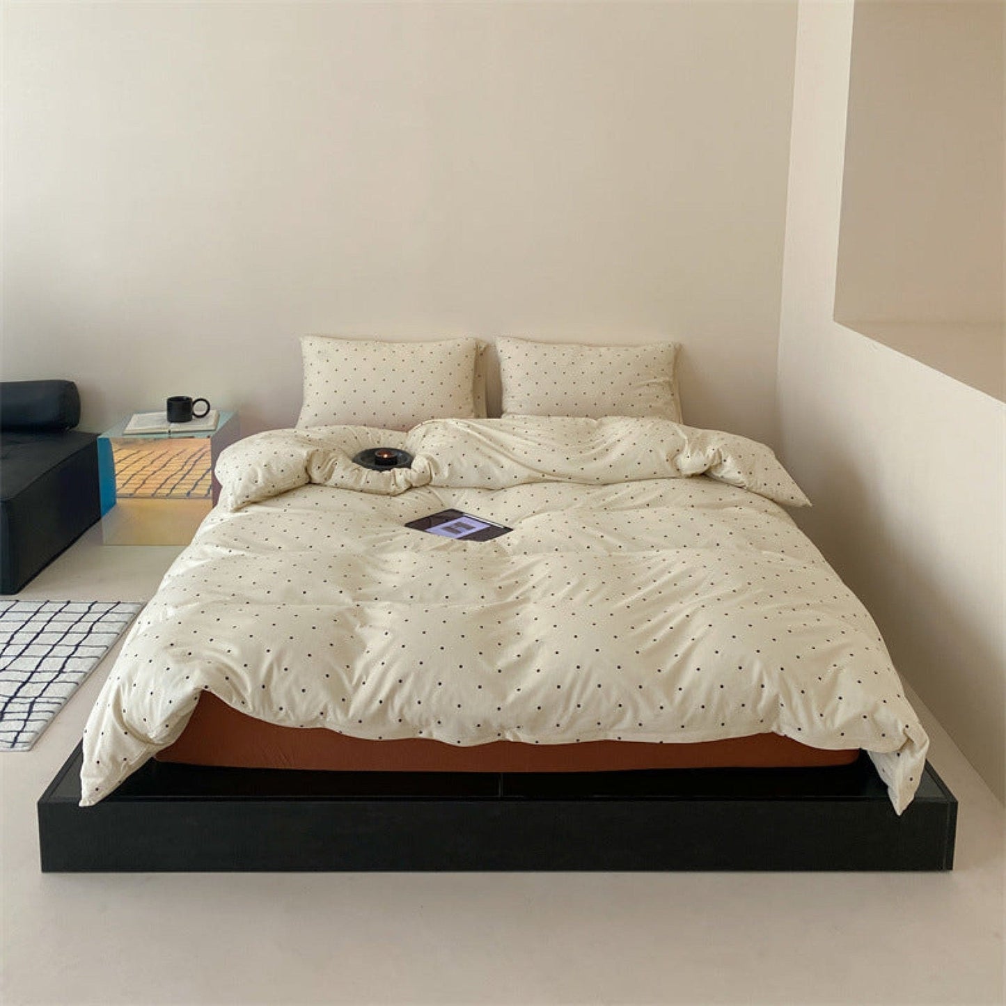 Mini Polka Dot Jersey Knit Bedding Set / Black + Pink