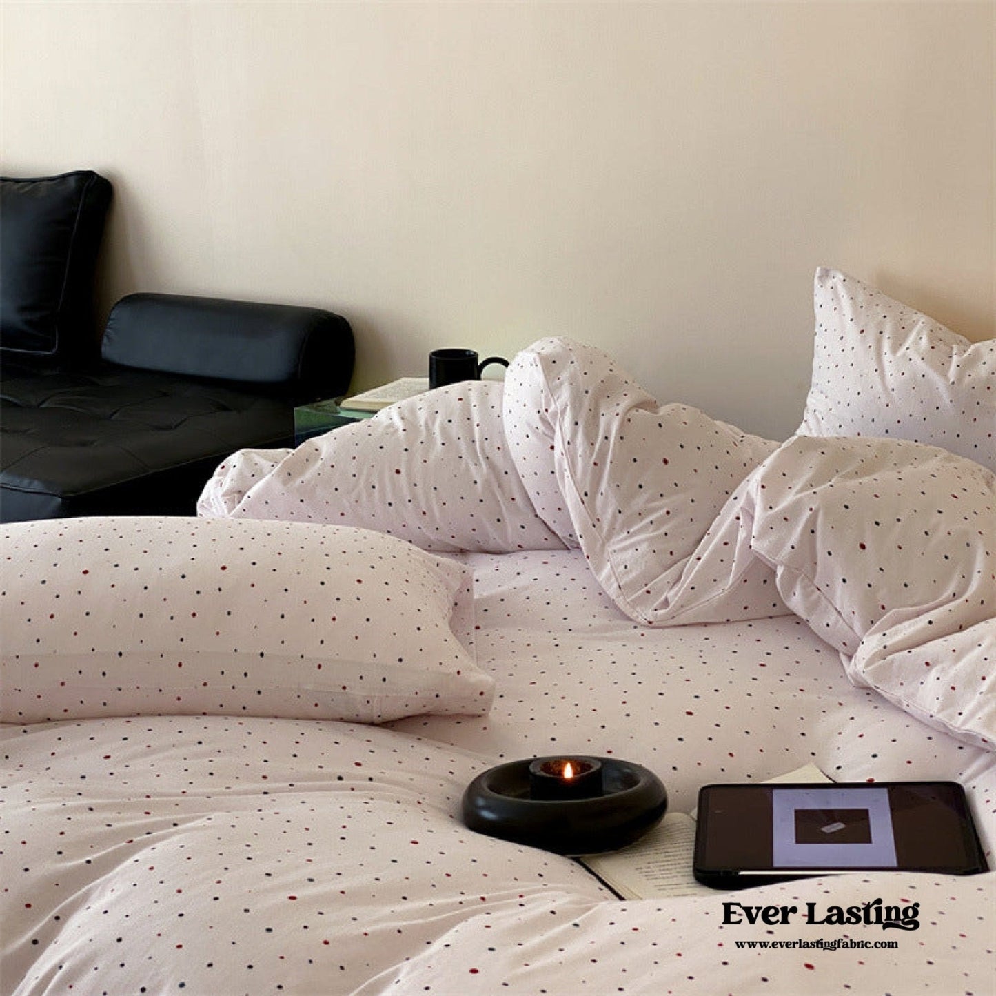 Mini Polka Dot Jersey Knit Bedding Set / Black + Pink