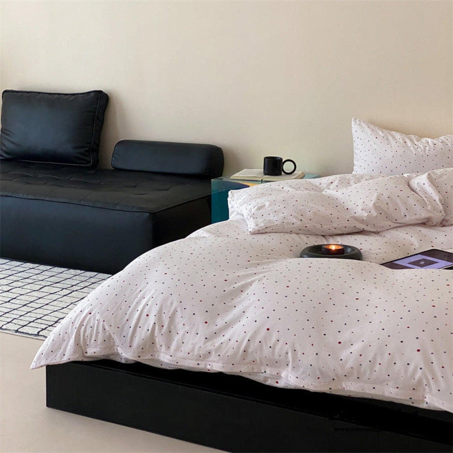 Mini Polka Dot Jersey Knit Bedding Set / Blue + Black