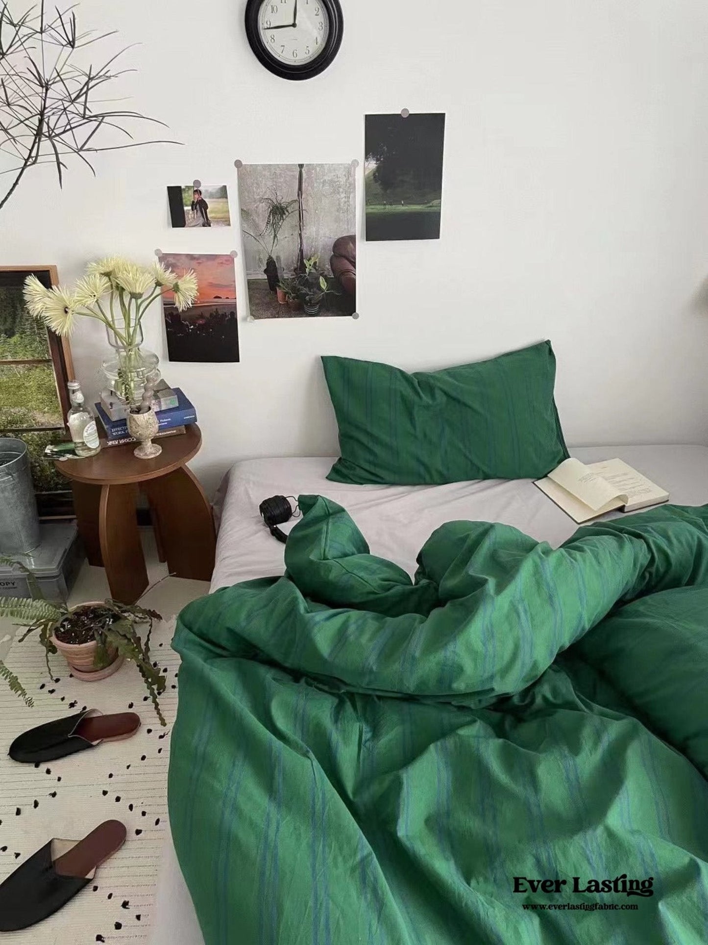 Minimal Vintage Stripe Bedding Set / Forest Green