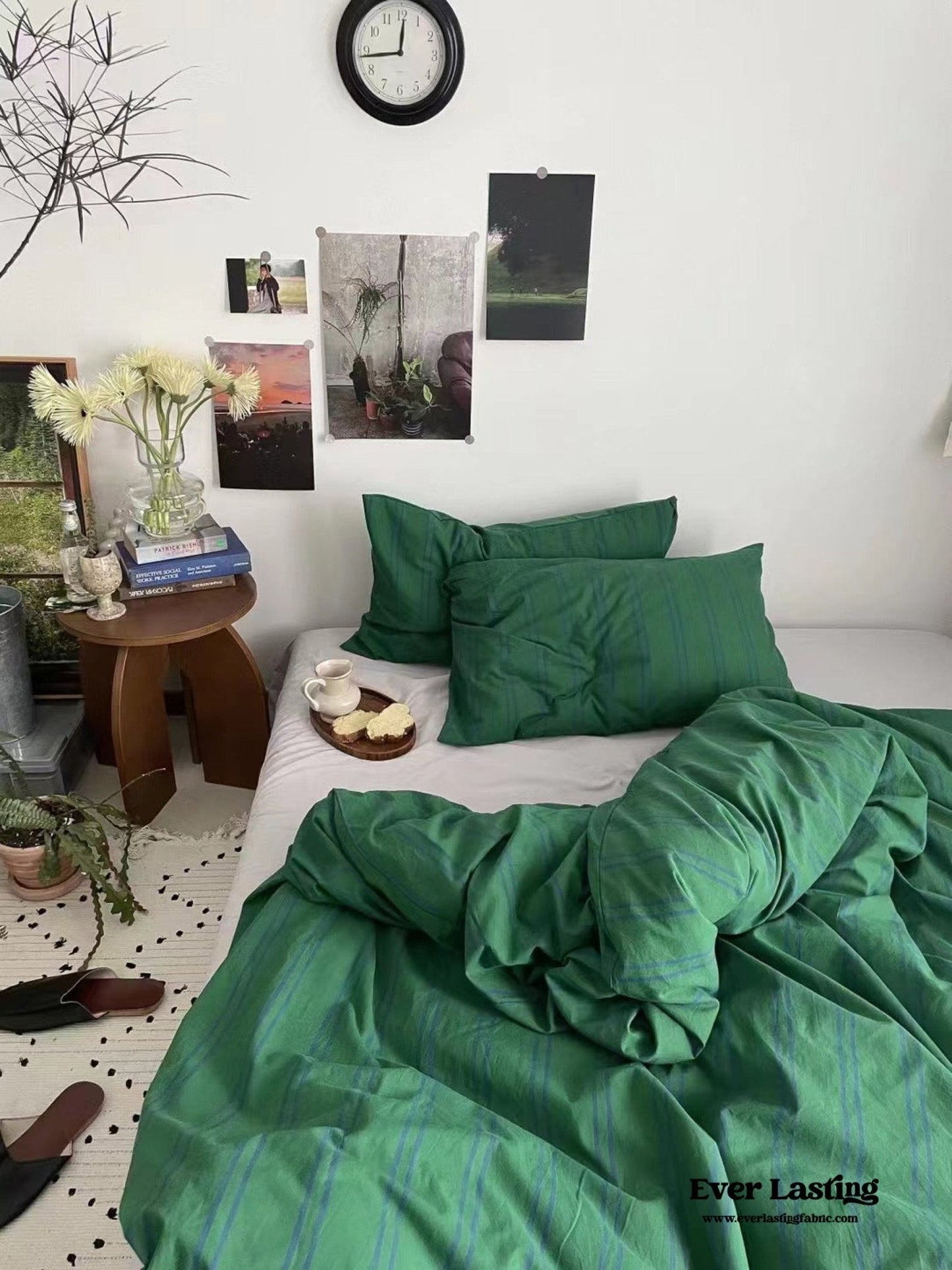 Minimal Vintage Stripe Bedding Set / Forest Green
