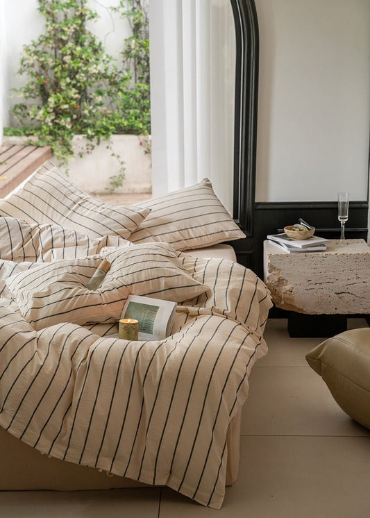 Minimalist Vertical Stripe Bow Ties Bedding Set / Beige Custard