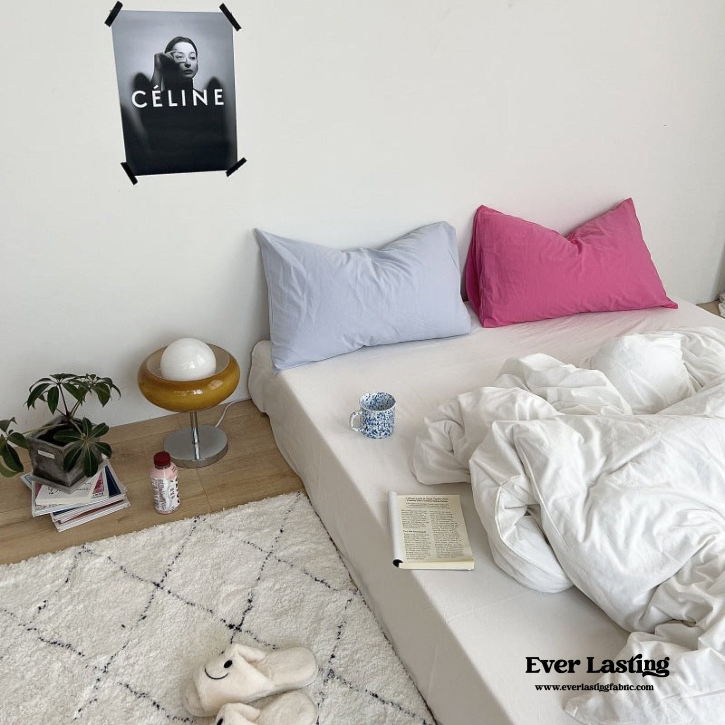 Mixed Color Washed Cotton Bedding Set / Baby Pink + White