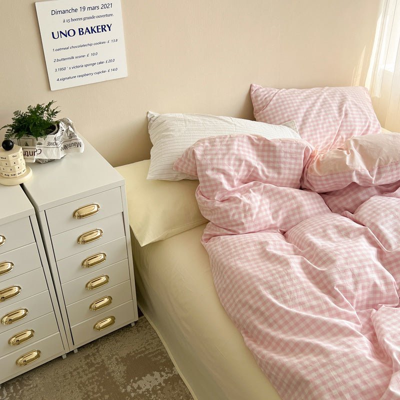 Mixed Gingham Bedding Set / Pink + Yellow