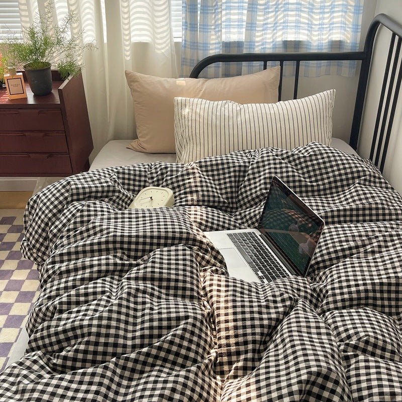 Mixed Gingham Striped Bedding Set / Black