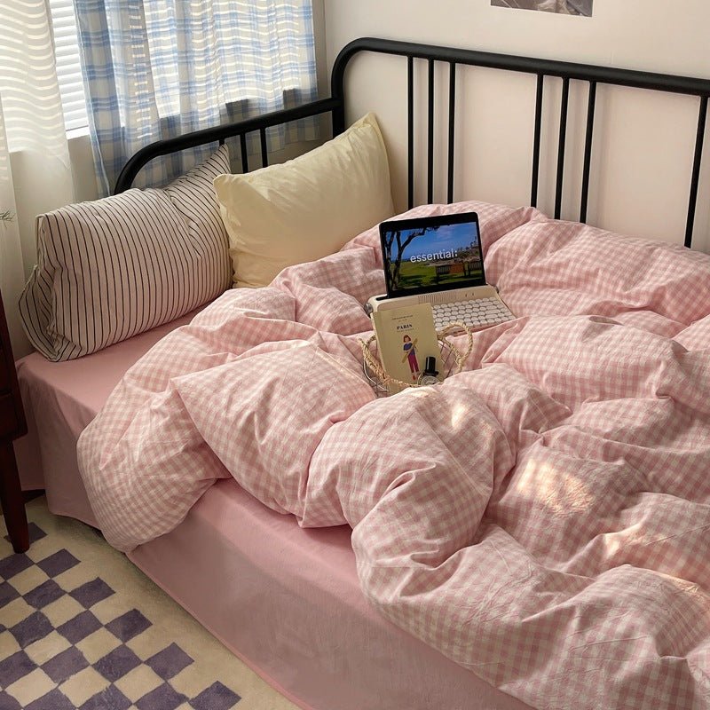 Mixed Gingham Striped Bedding Set / Blue Yellow