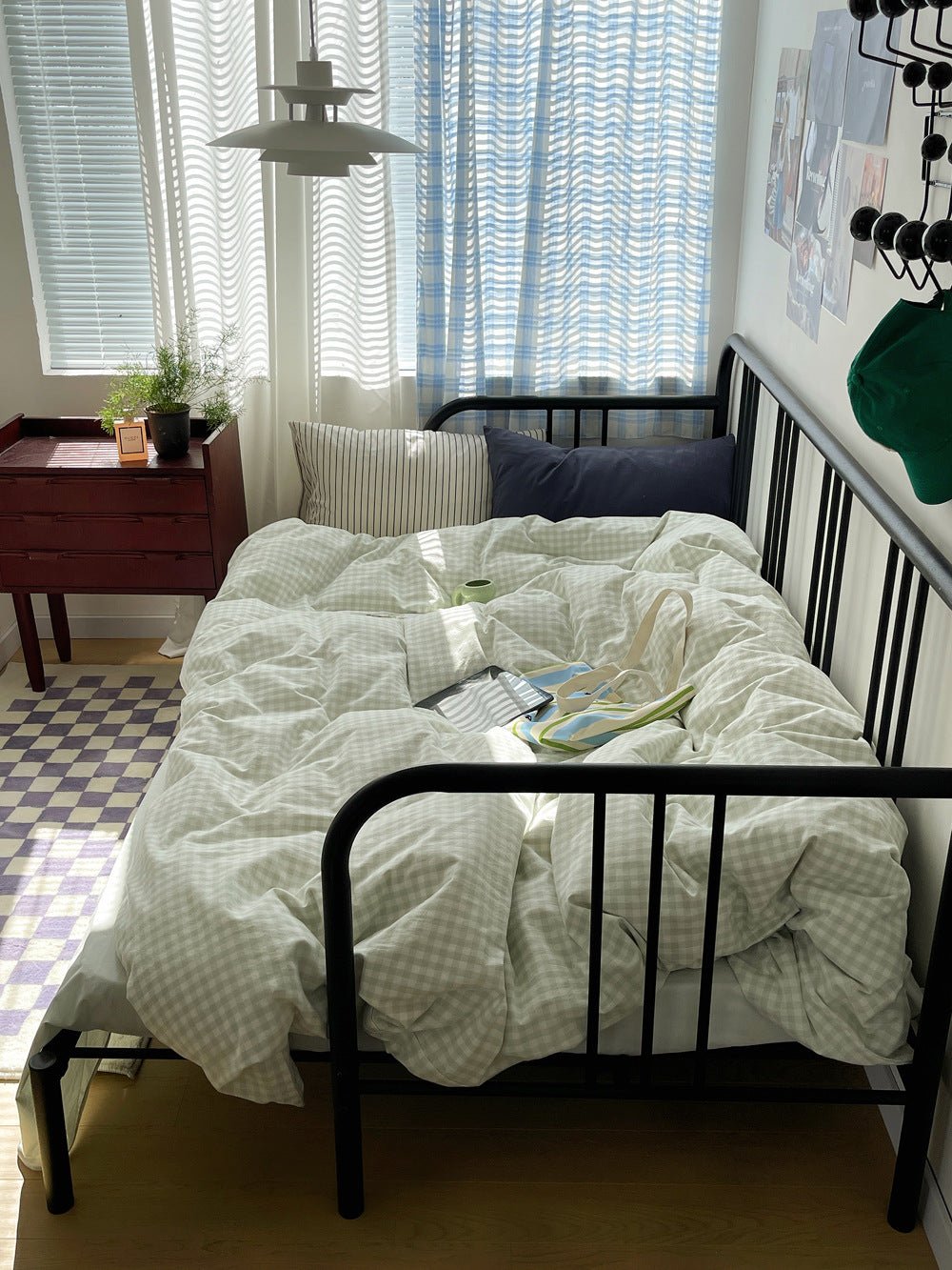 Mixed Gingham Striped Bedding Set / Brown