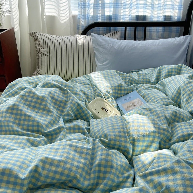 Mixed Gingham Striped Bedding Set / Mint Green