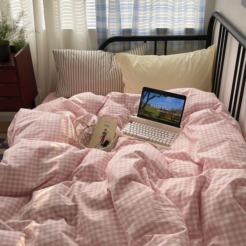 Mixed Gingham Striped Bedding Set / Pink