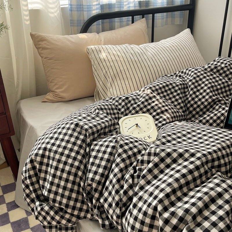 Mixed Gingham Striped Bedding Set / Purple Pink