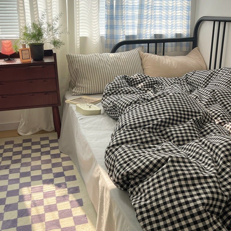 Mixed Gingham Striped Bedding Set / Purple Pink