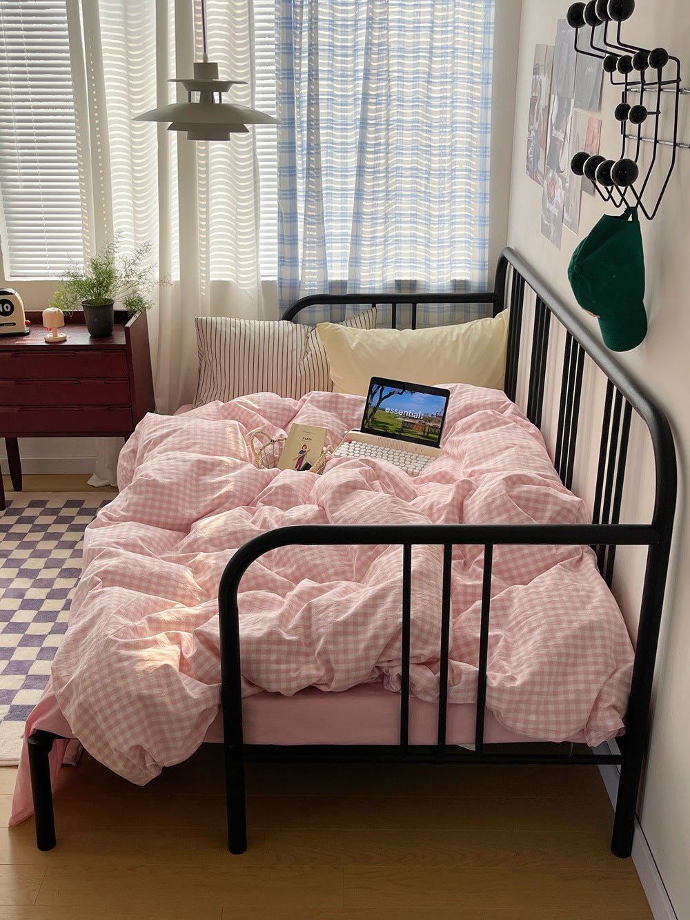 Mixed Gingham Striped Bedding Set / Purple Pink