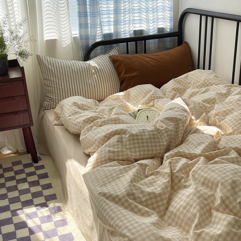 Mixed Gingham Striped Bedding Set / Purple Pink