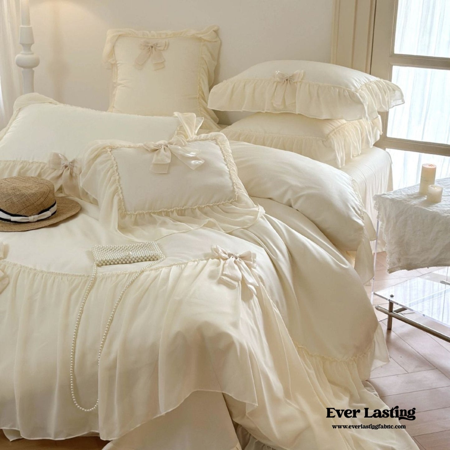 Ribbon Bow Airy Lace Bedding Set / Baby Pink