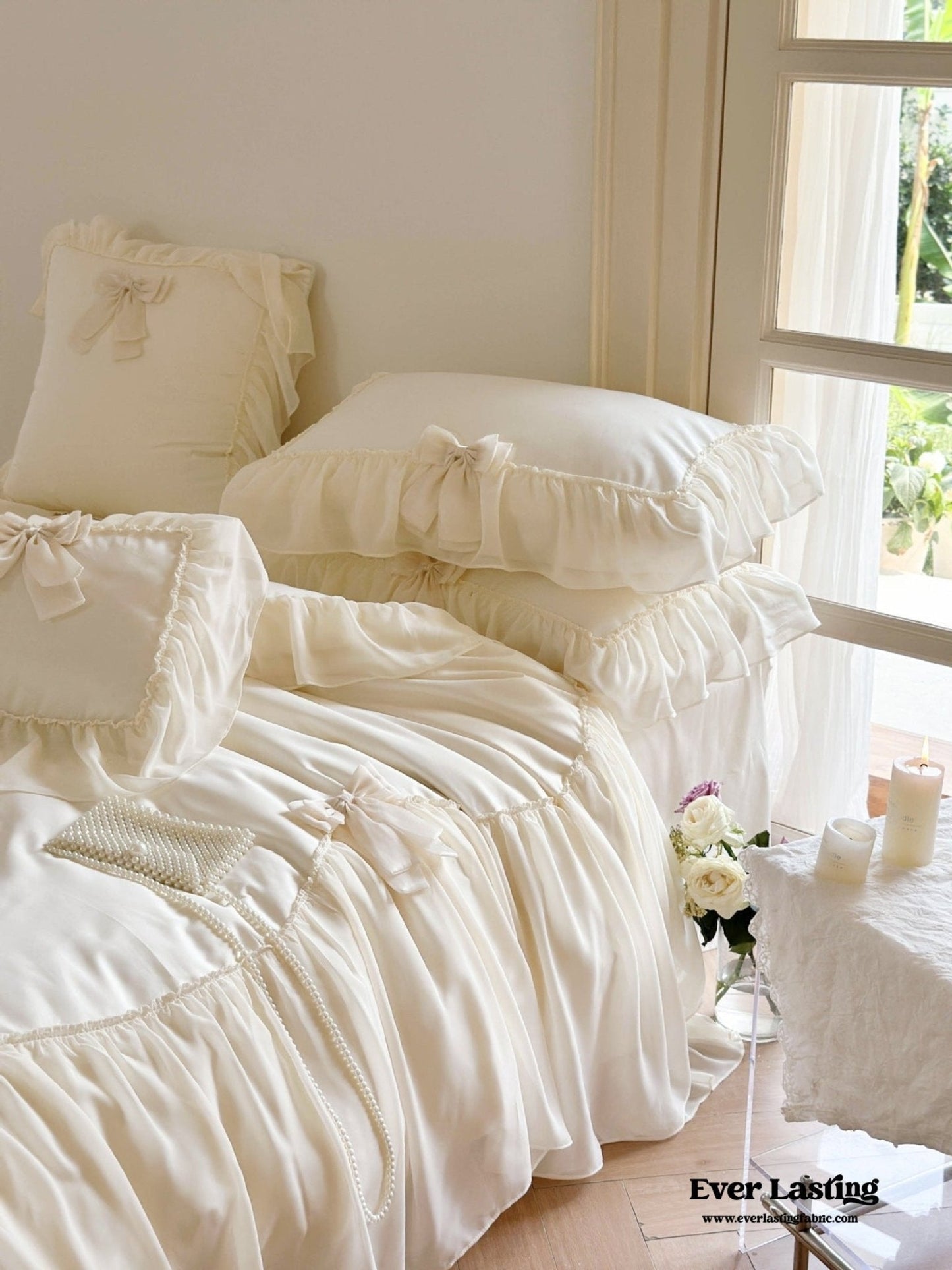 Ribbon Bow Airy Lace Bedding Set / Baby Pink
