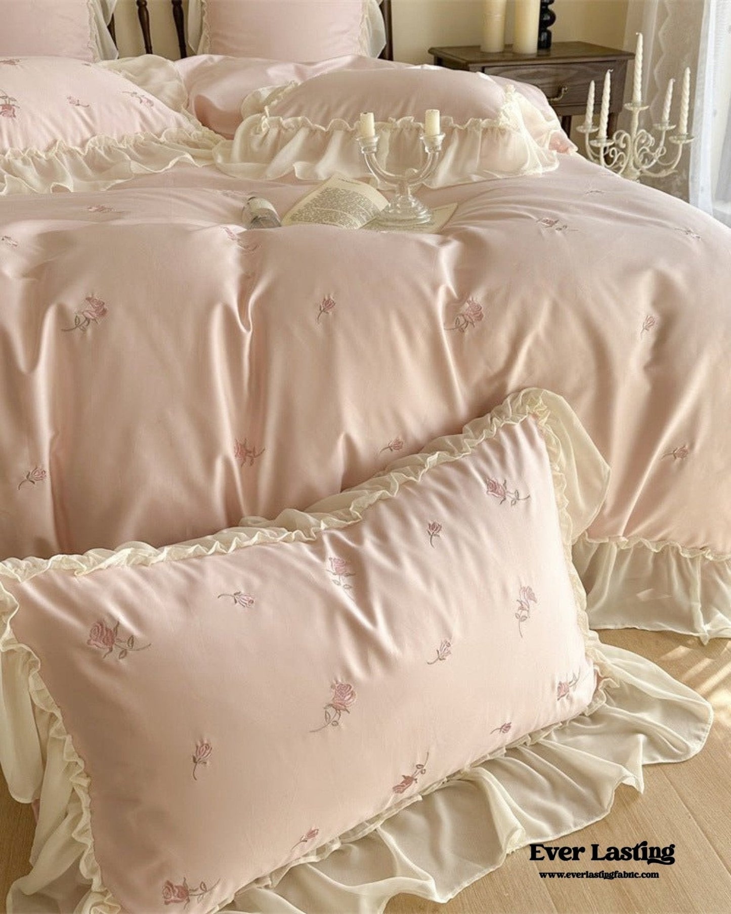 Rosalie Embroidered Cotton Ruffle Bedding Set / Pink Blush