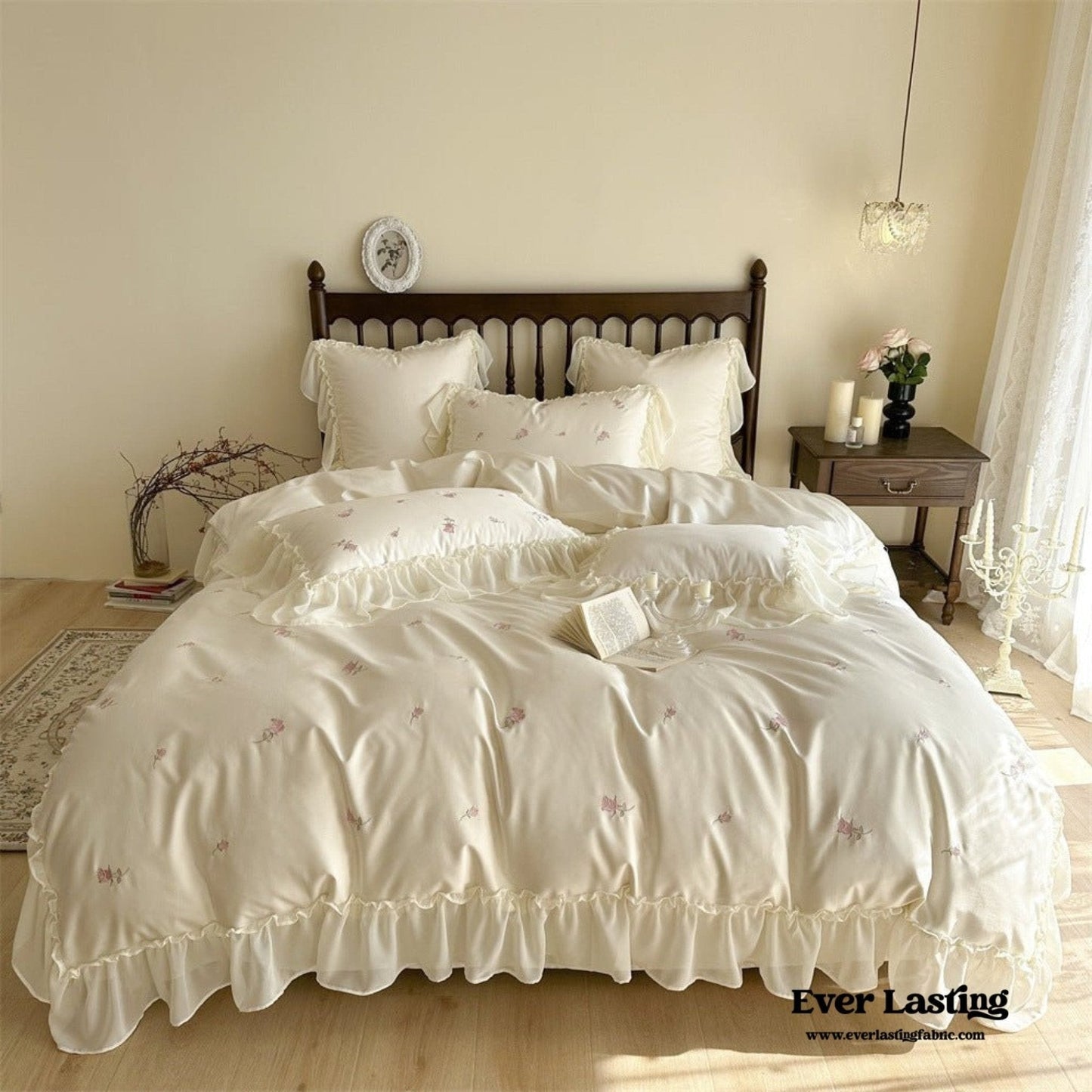 Rosalie Embroidered Cotton Ruffle Bedding Set / Pink Blush