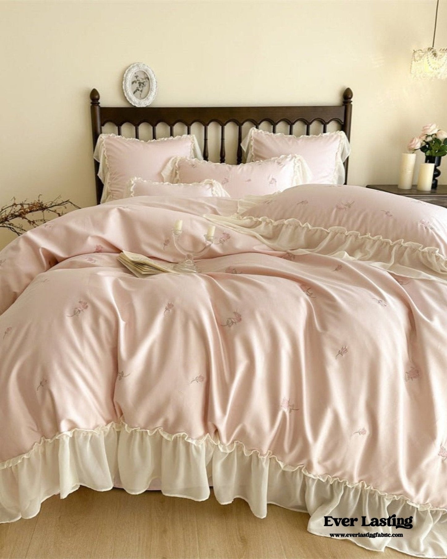 Rosalie Embroidered Cotton Ruffle Bedding Set / Pink Blush