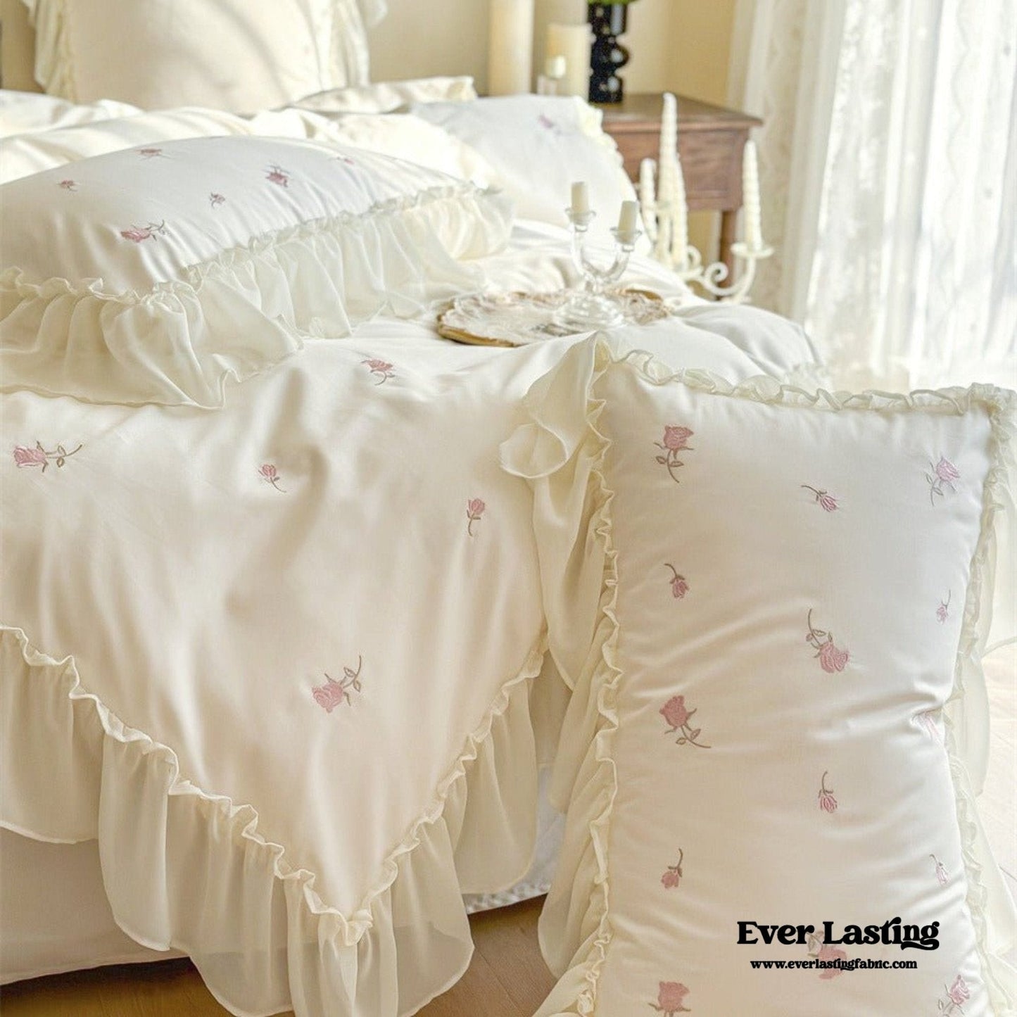 Rosalie Embroidered Cotton Ruffle Bedding Set / Pink Blush
