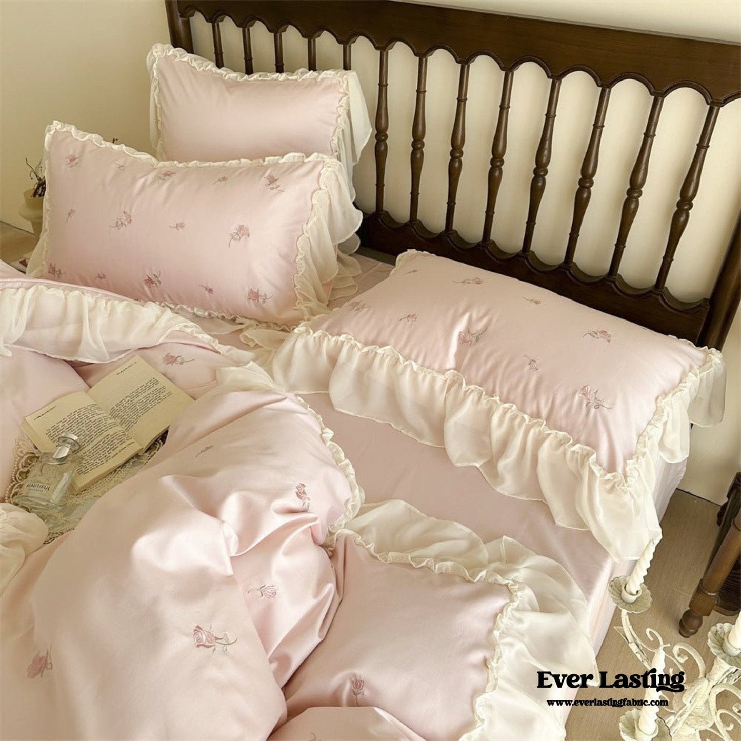 Rosalie Embroidered Cotton Ruffle Bedding Set / Pink Blush