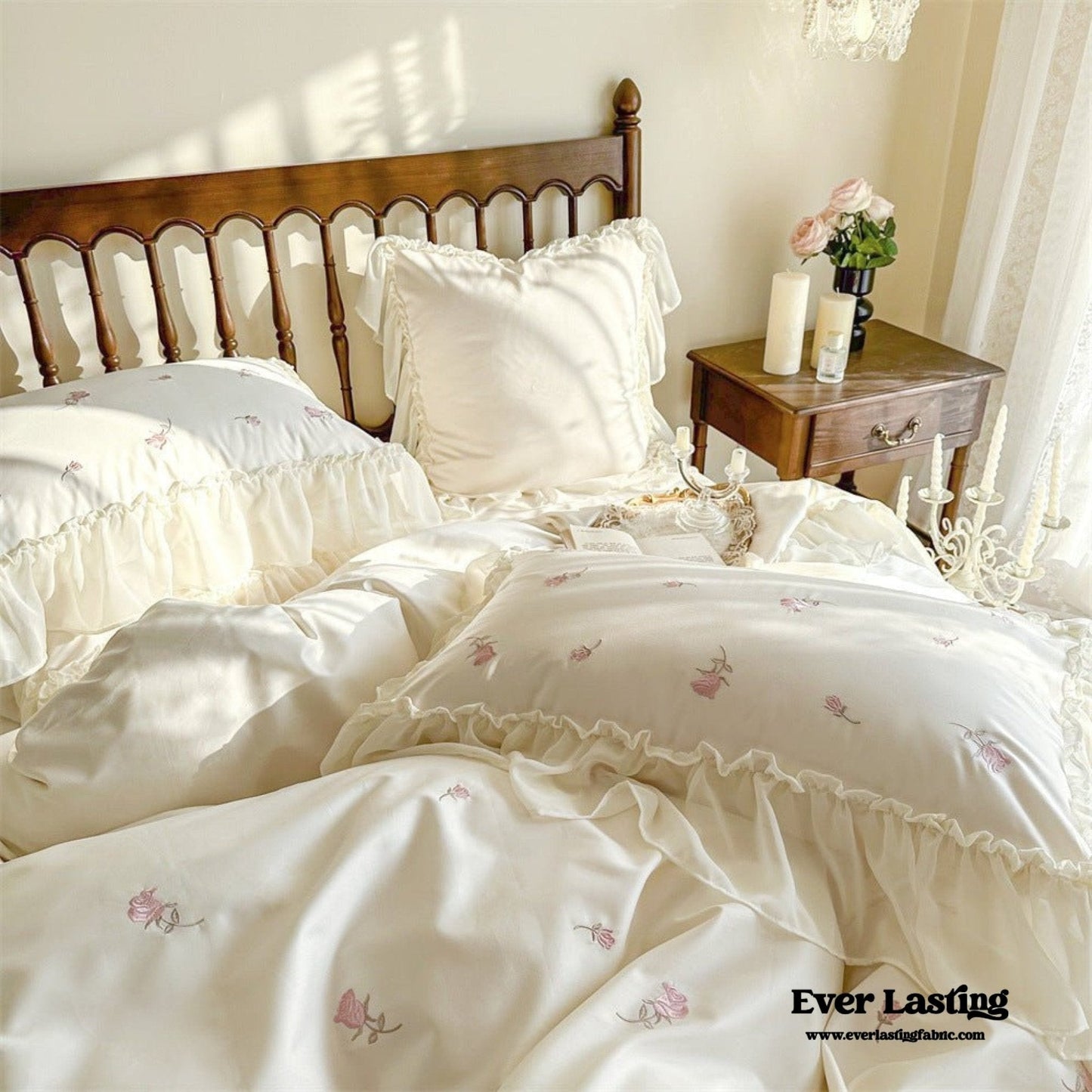 Rosalie Embroidered Cotton Ruffle Bedding Set / Pink Blush