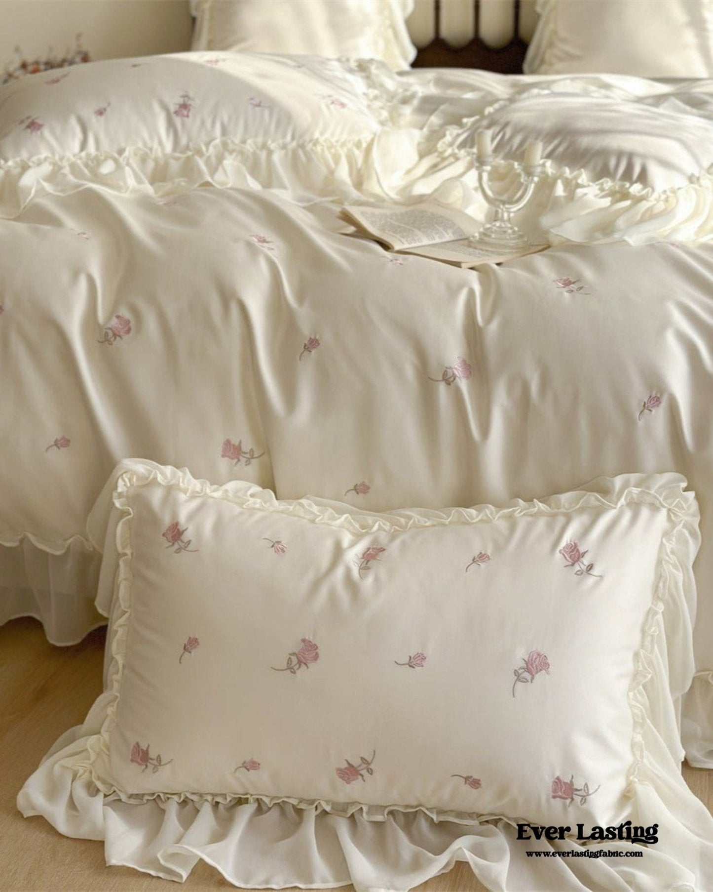 Rosalie Embroidered Cotton Ruffle Bedding Set / Pink Blush