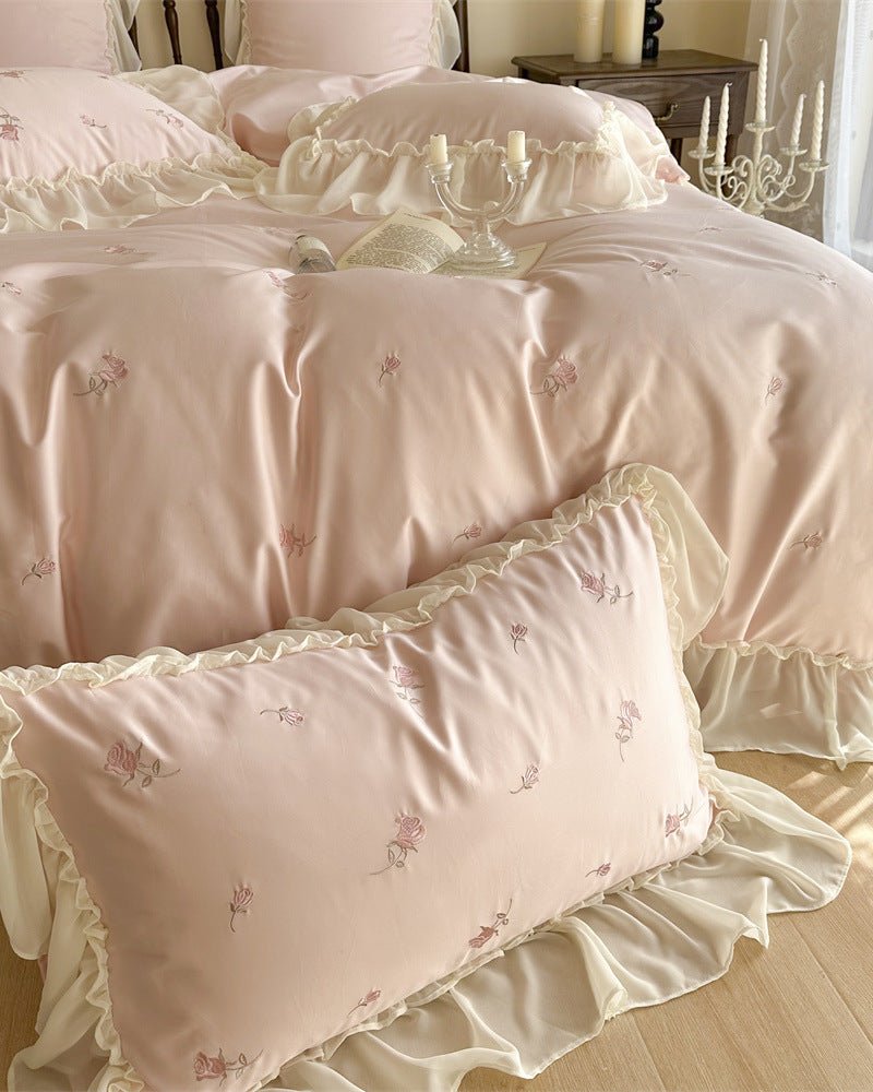 Rosalie Embroidered Cotton Ruffle Bedding Set / Ivory Blush