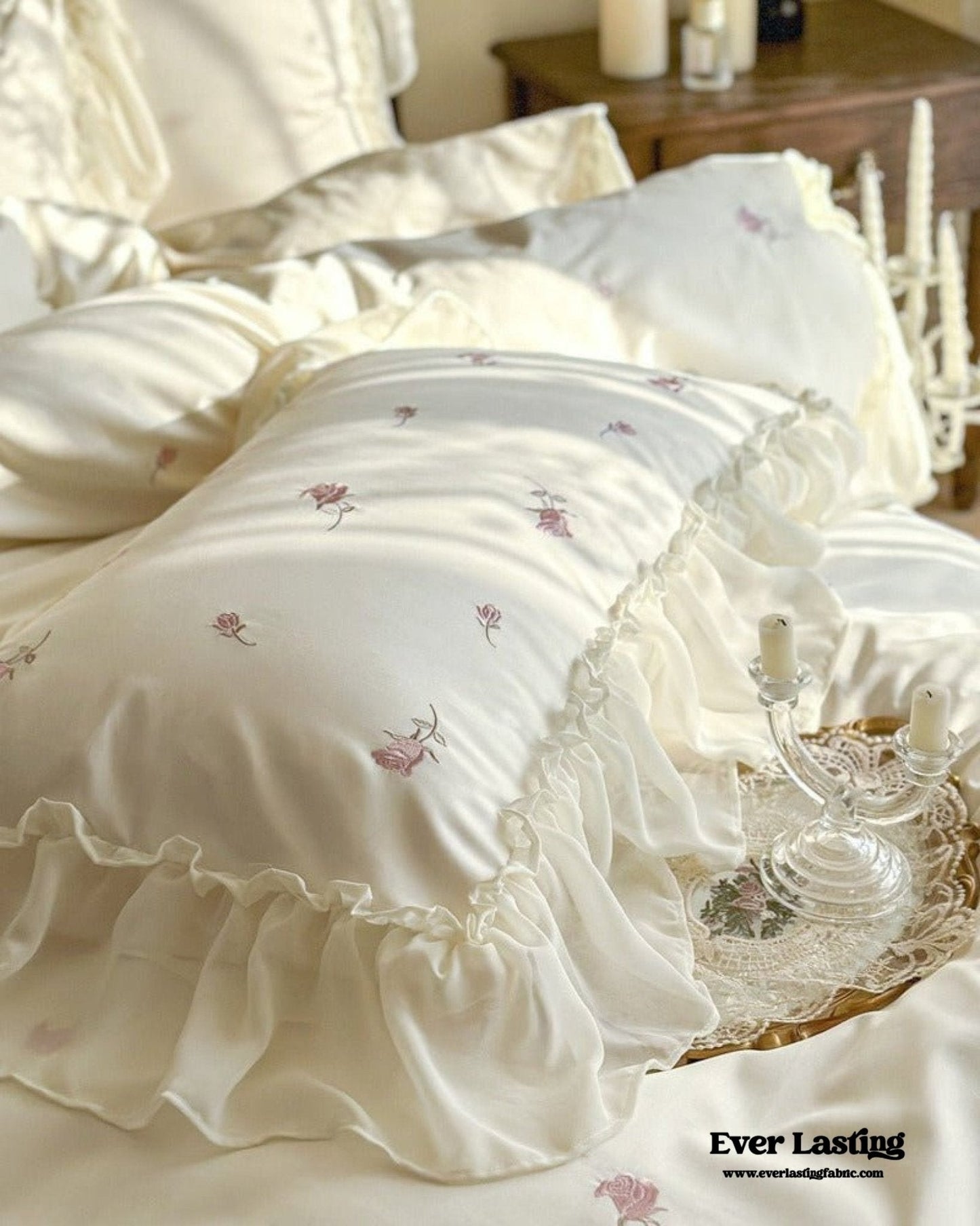 Rosalie Embroidered Cotton Ruffle Bedding Set / Pink Blush