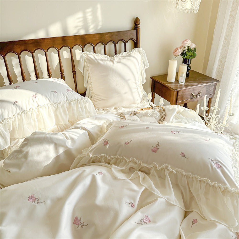Rosalie Embroidered Cotton Ruffle Bedding Set / Ivory Blush