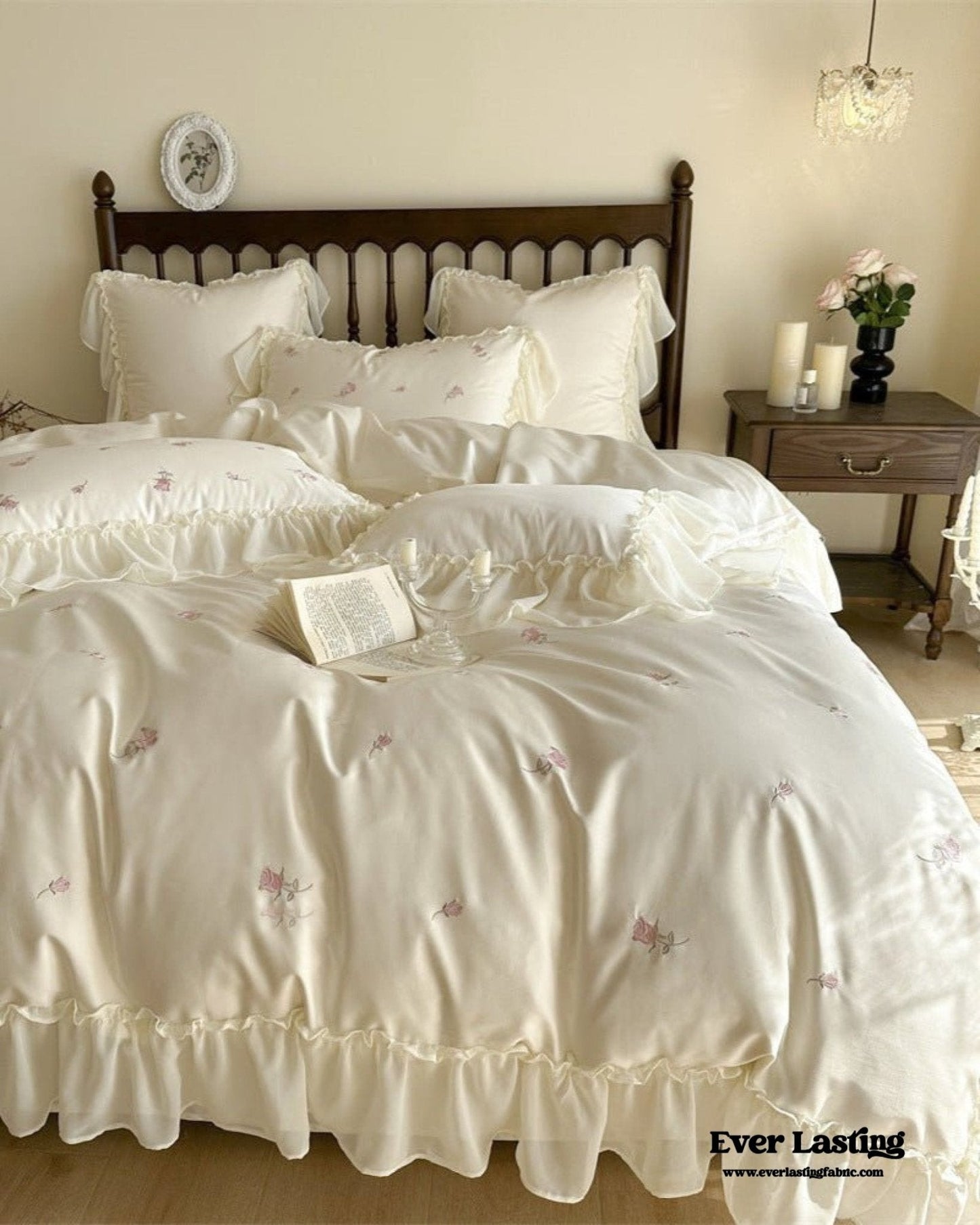 Rosalie Embroidered Cotton Ruffle Bedding Set / Pink Blush