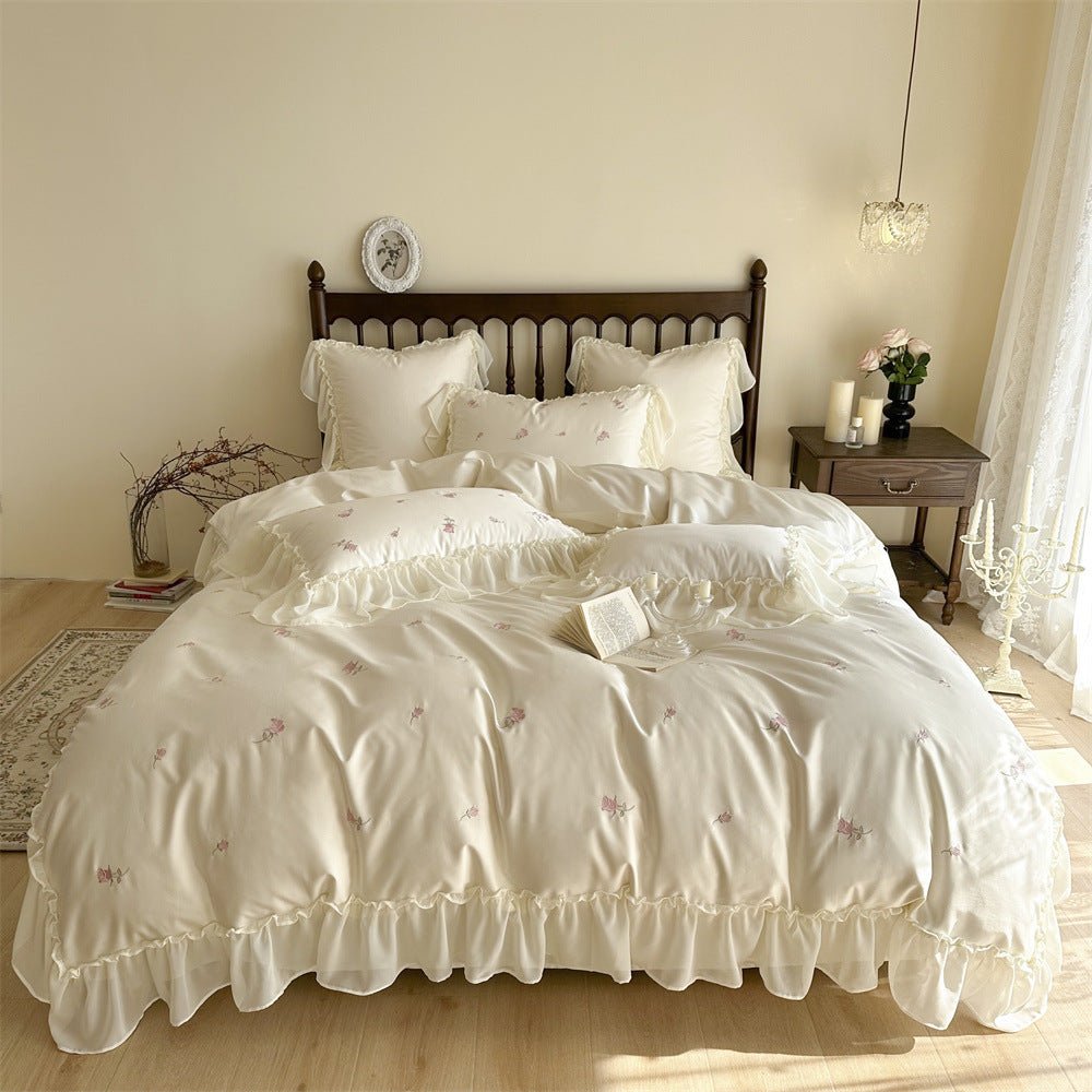 Rosalie Embroidered Cotton Ruffle Bedding Set / Ivory Blush
