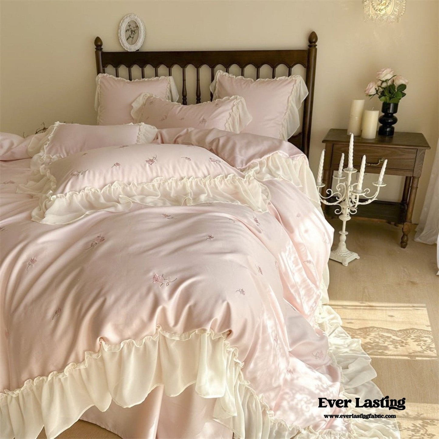 Rosalie Embroidered Cotton Ruffle Bedding Set / Pink Blush