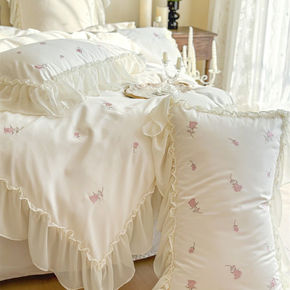 Rosalie Embroidered Cotton Ruffle Bedding Set / Ivory Blush