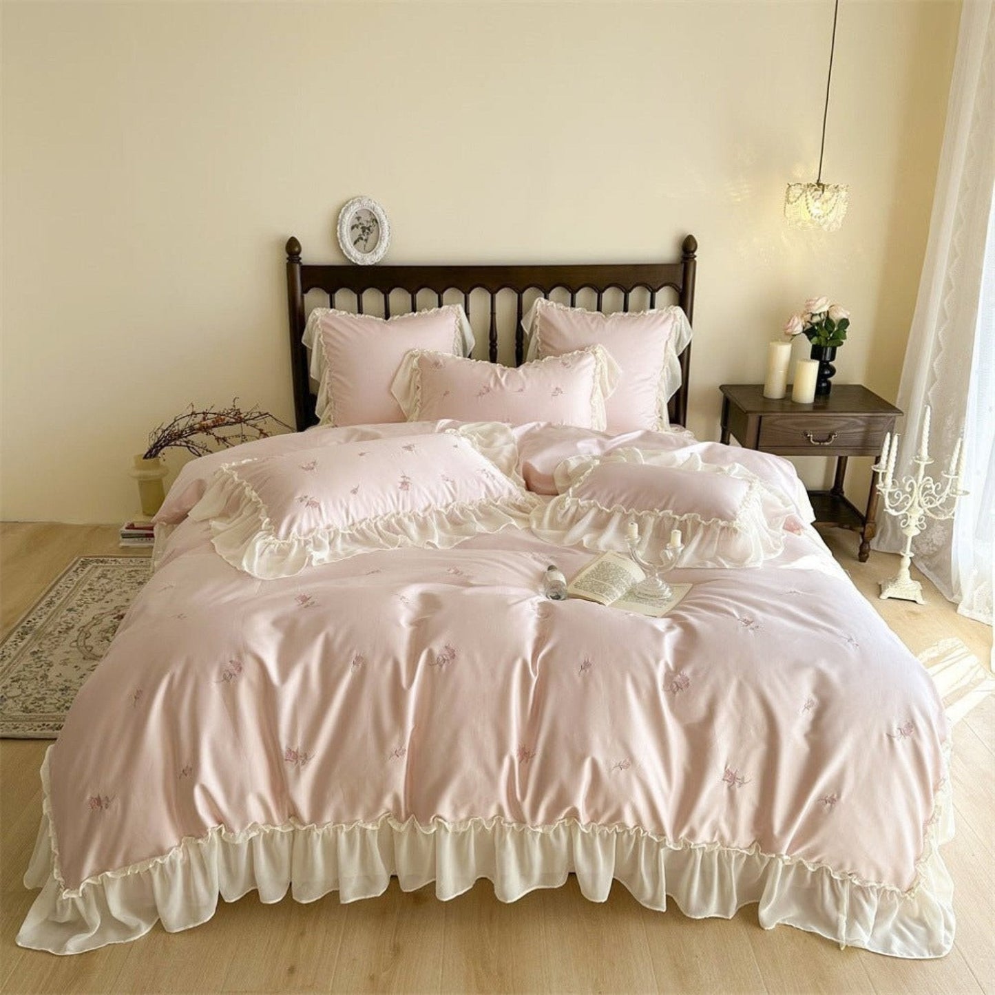 Rosalie Embroidered Cotton Ruffle Bedding Set / Pink Blush