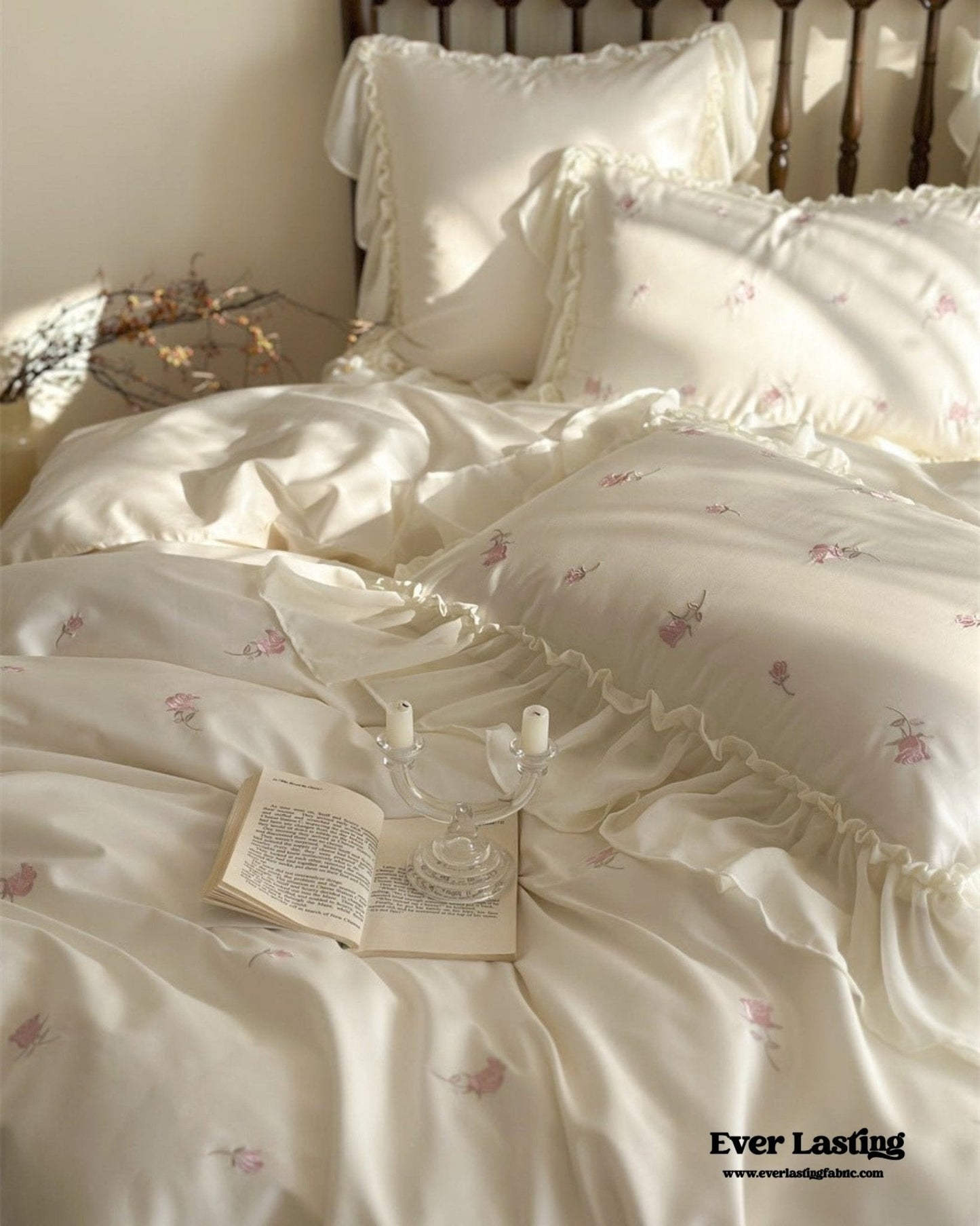 Rosalie Embroidered Cotton Ruffle Bedding Set / Pink Blush