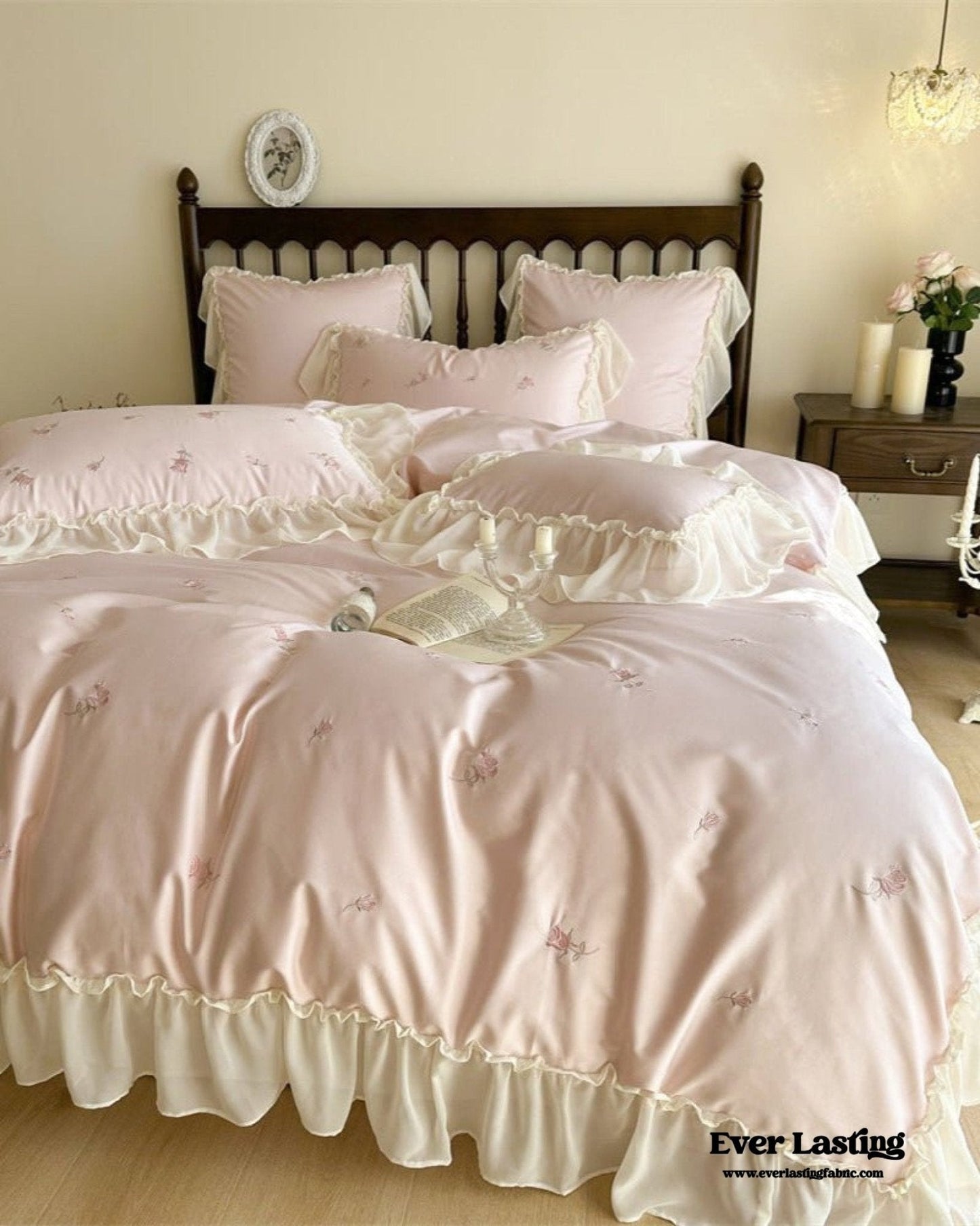 Rosalie Embroidered Cotton Ruffle Bedding Set / Pink Blush