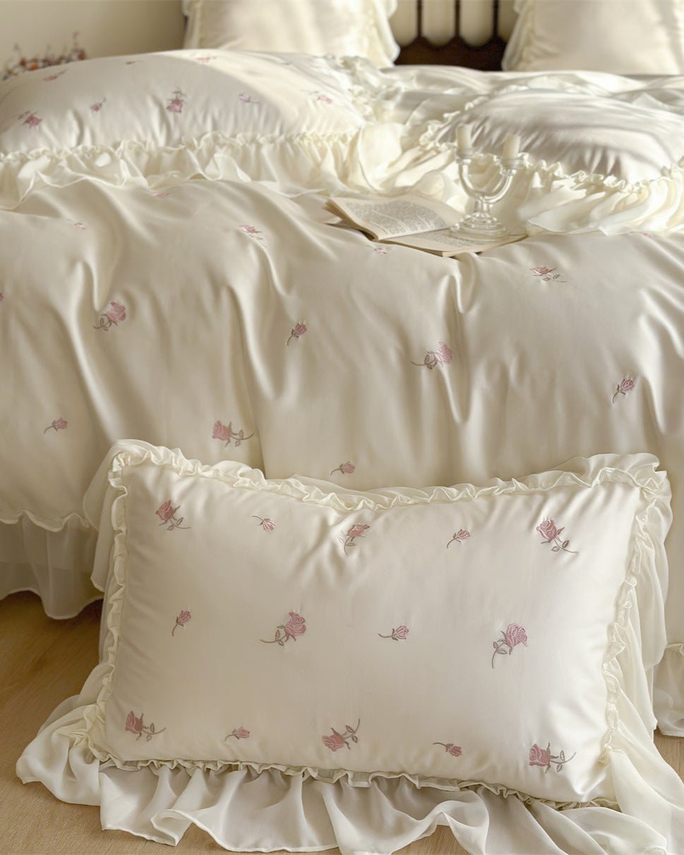 Rosalie Embroidered Cotton Ruffle Bedding Set / Ivory Blush