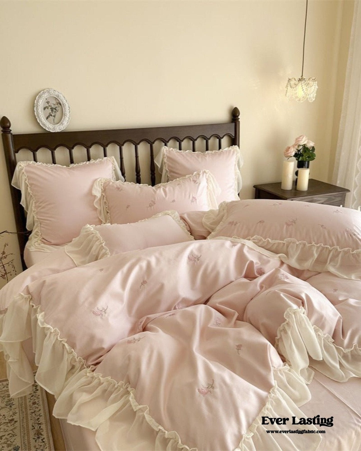 Rosalie Embroidered Cotton Ruffle Bedding Set / Pink Blush