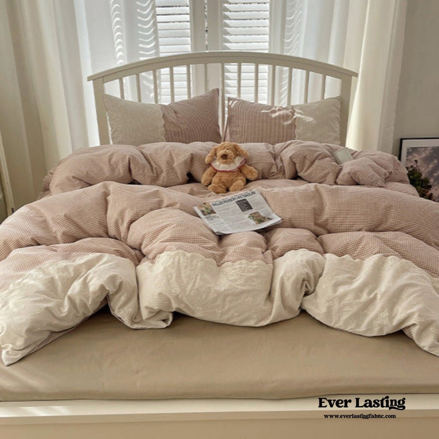 Sophia Gingham Lace Washed Cotton Bedding Set / Pink