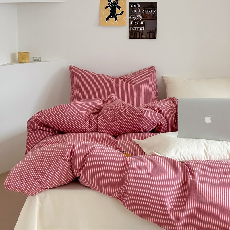Thin Striped Bedding Set / Beige & Olive Green