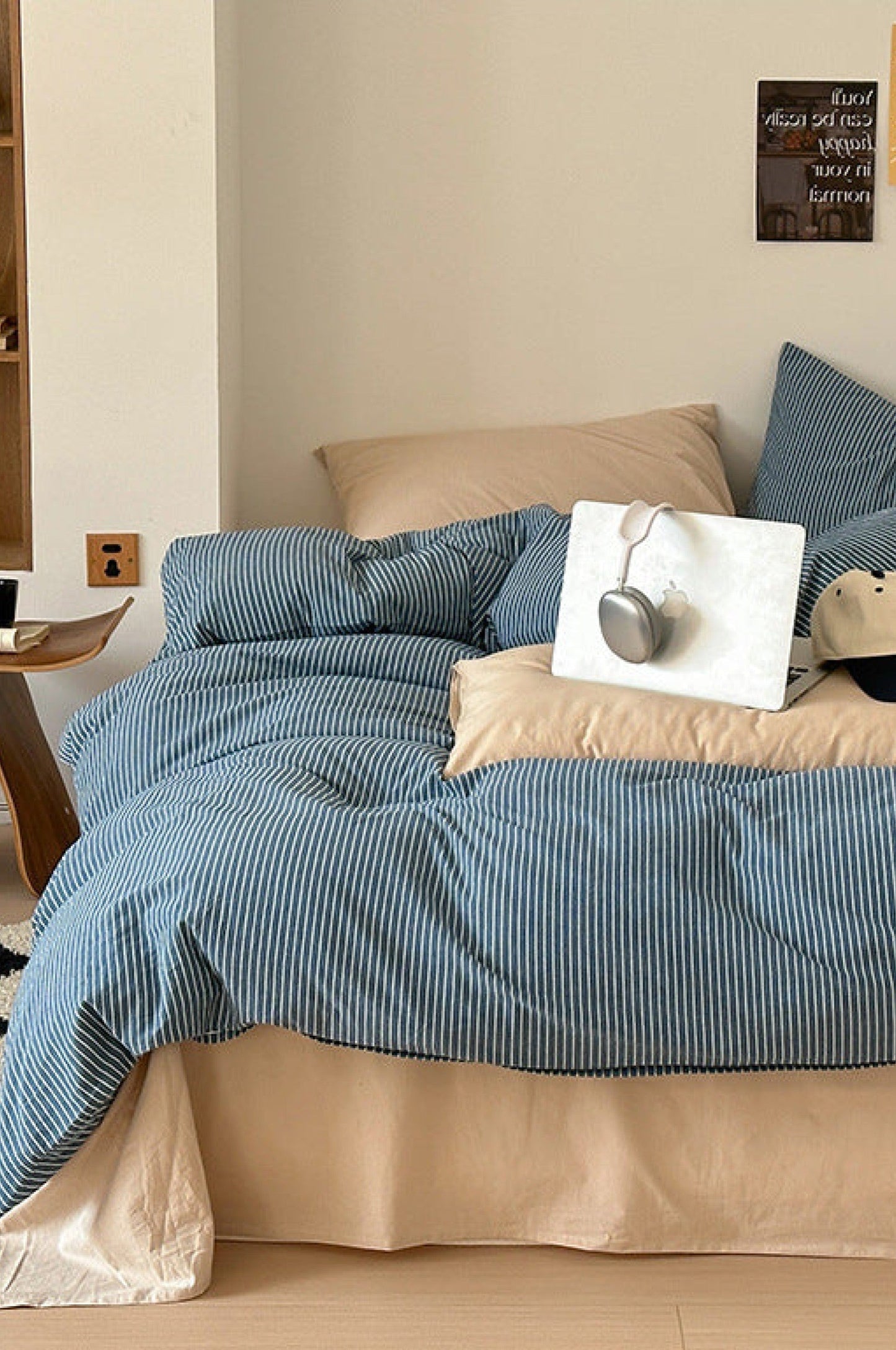 Thin Striped Bedding Set / Beige & Olive Green