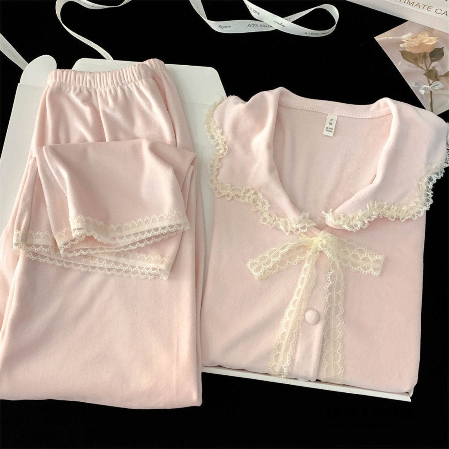 Velvet Coquette Lace Pajama Set / Pink