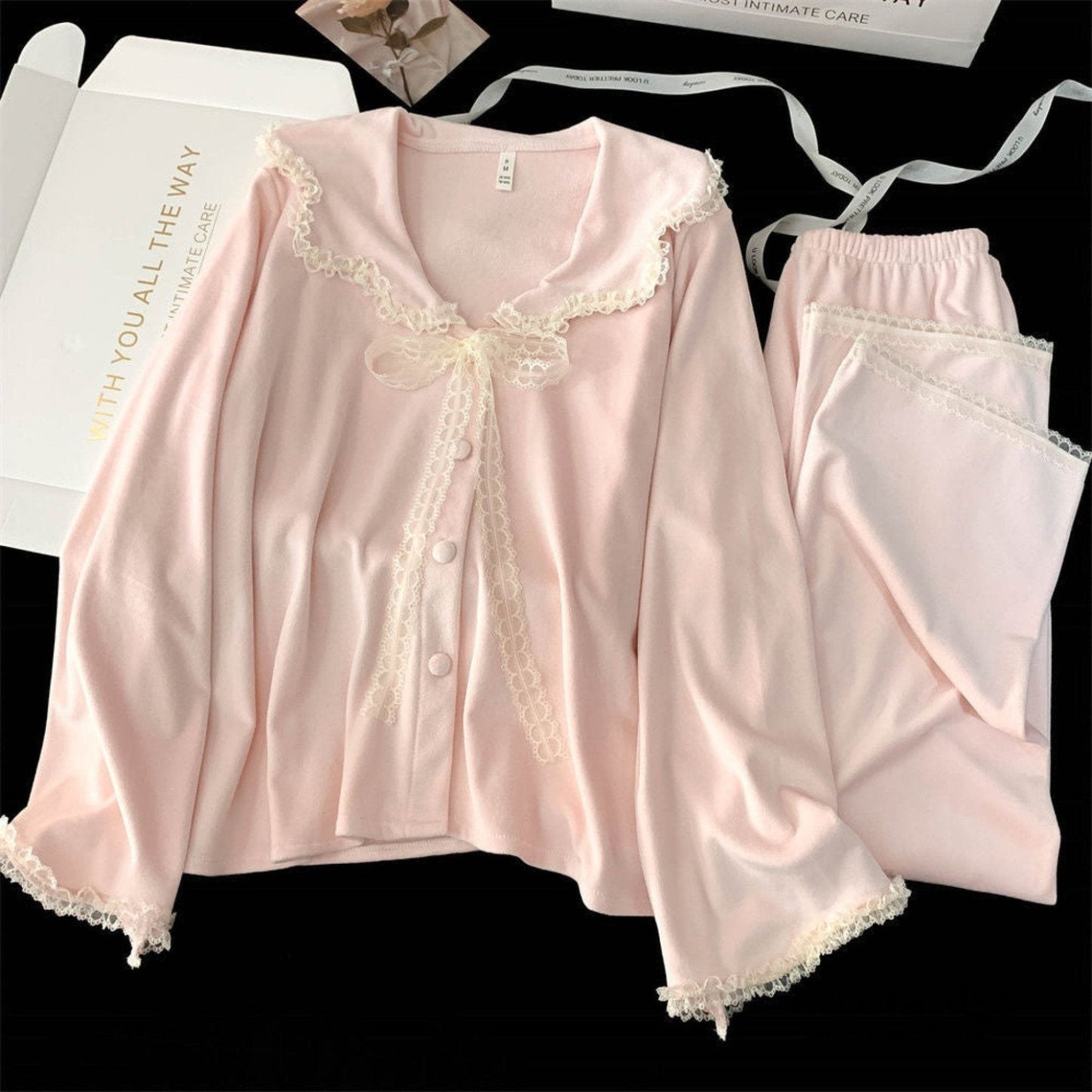 Velvet Coquette Lace Pajama Set / Pink