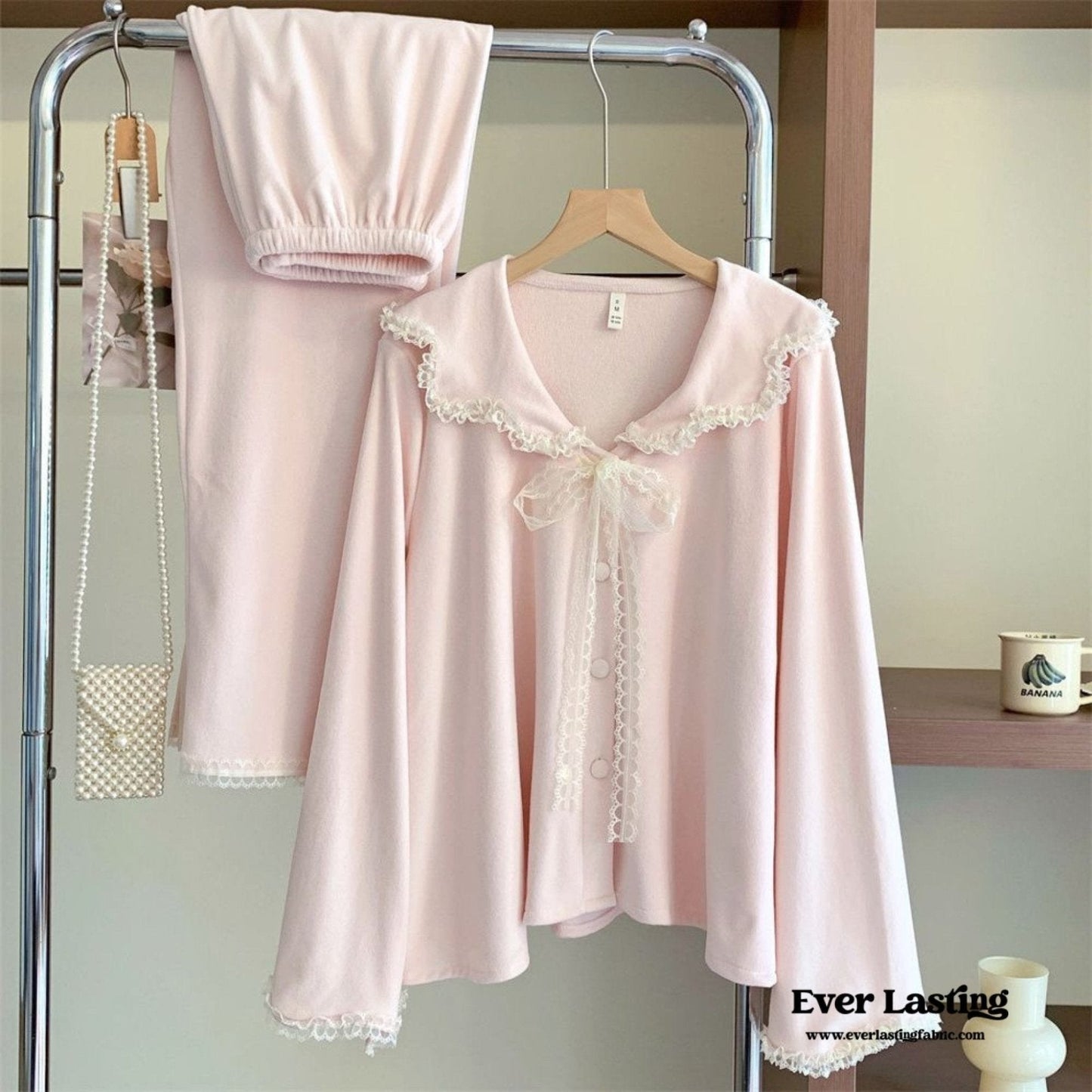 Velvet Coquette Lace Pajama Set / Pink