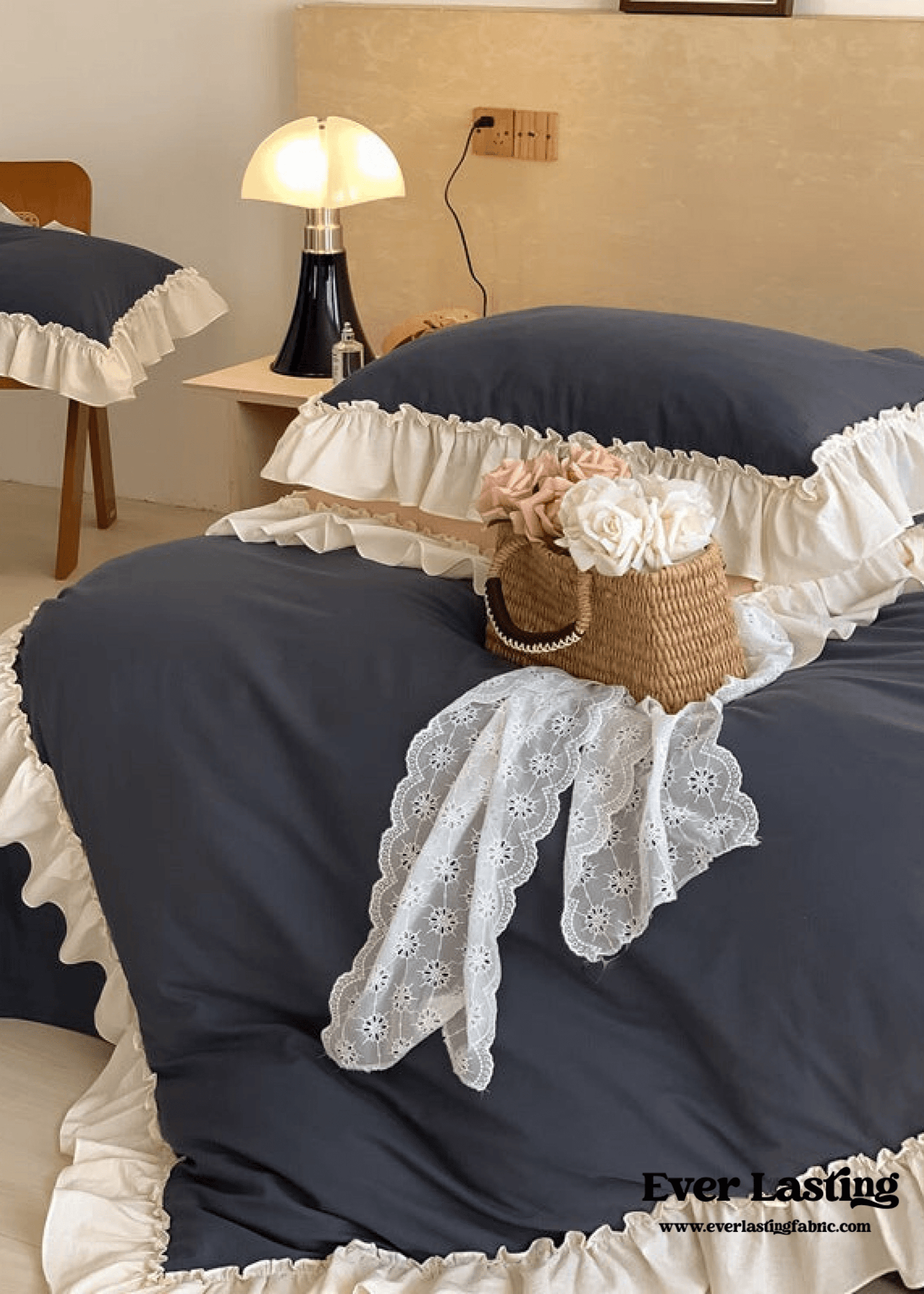 Vintage Earth Tone Large Ruffle Bedding Set / Royal Blue