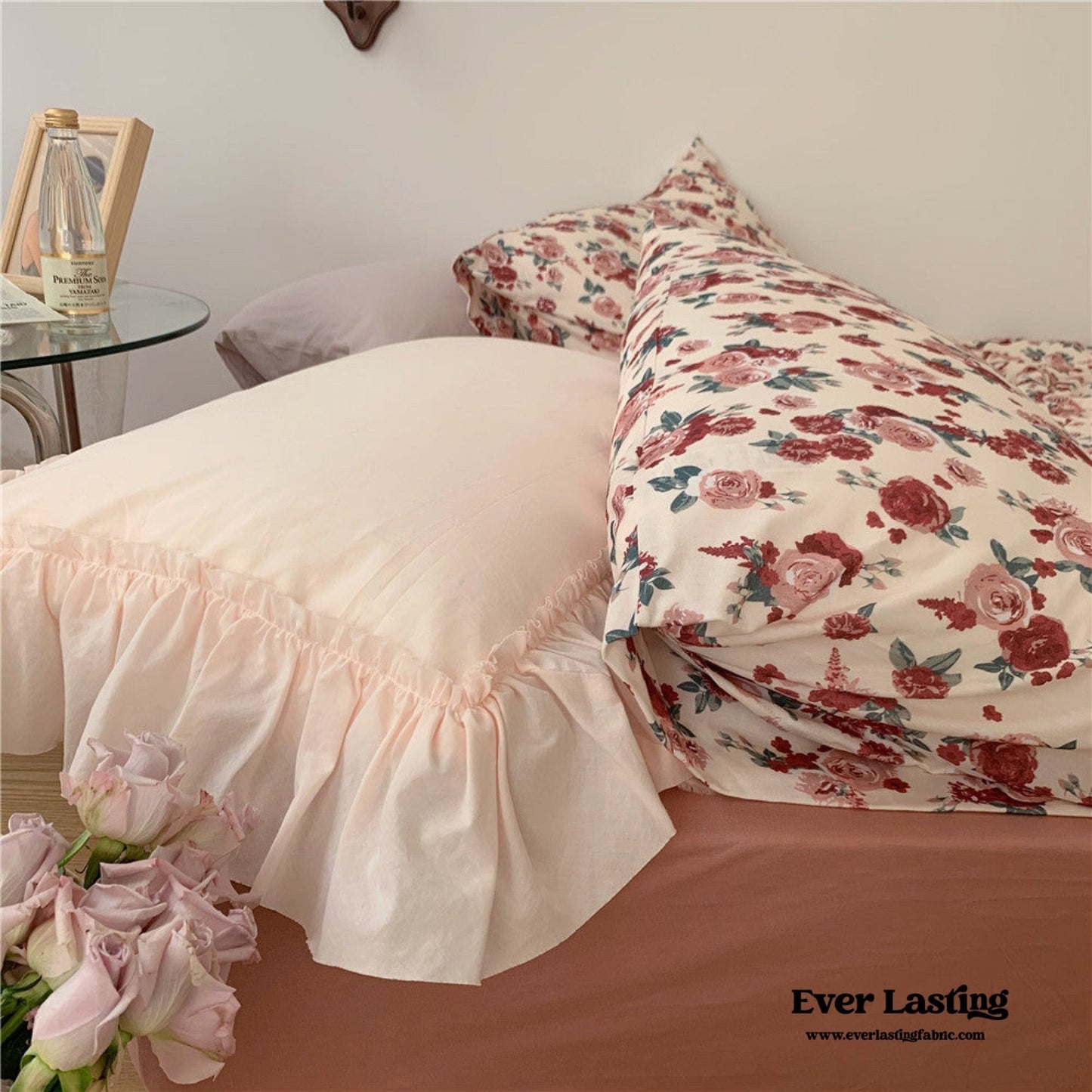 Vintage Floral Jersey Knit Bedding Set / Maroon Red