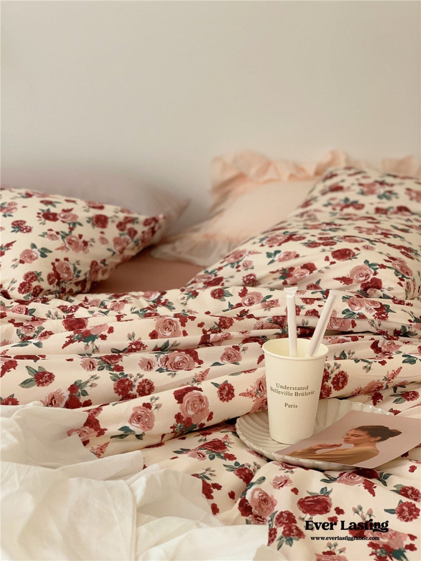 Vintage Floral Jersey Knit Bedding Set / Maroon Red