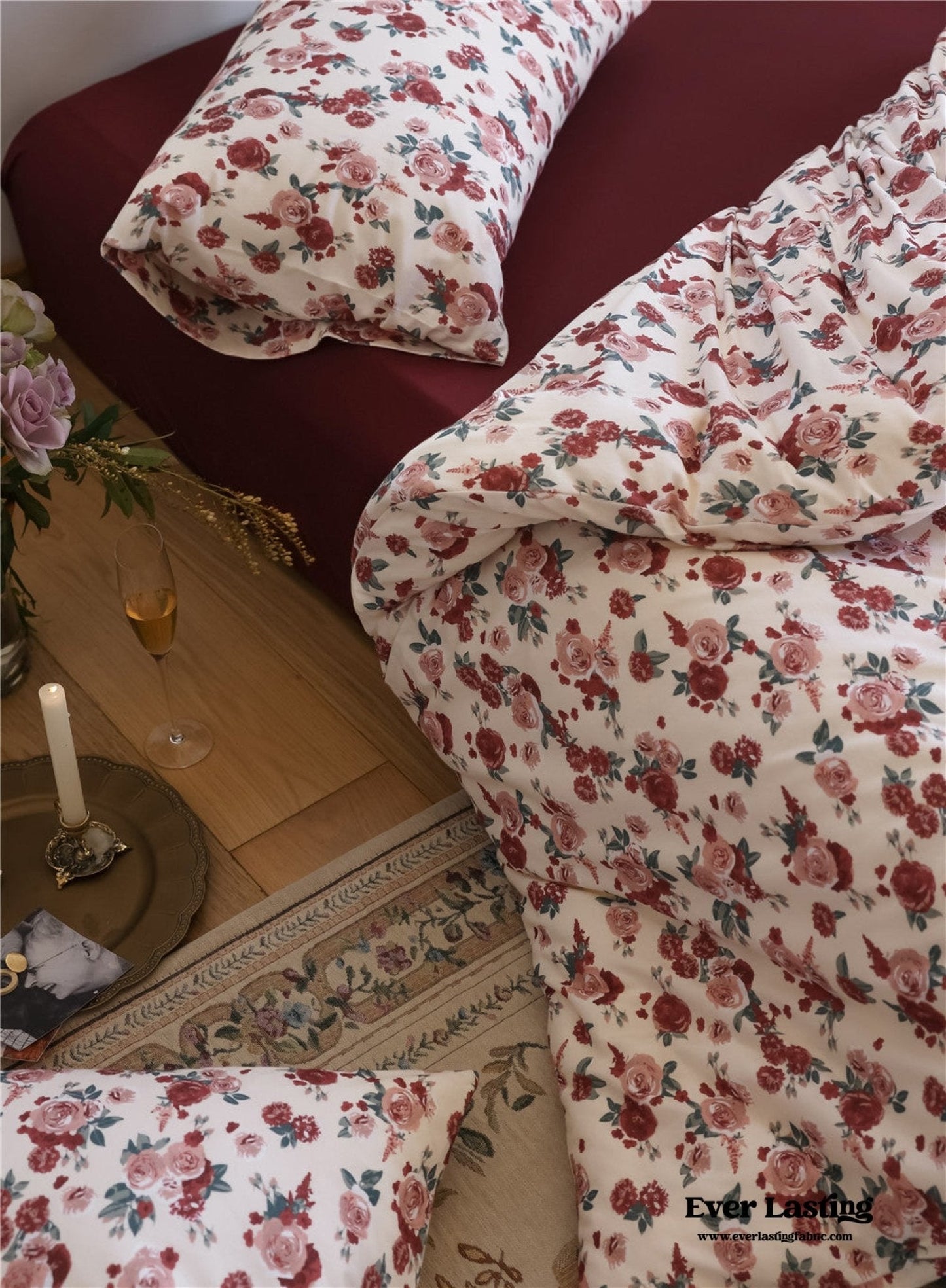 Vintage Floral Jersey Knit Bedding Set / Maroon Red