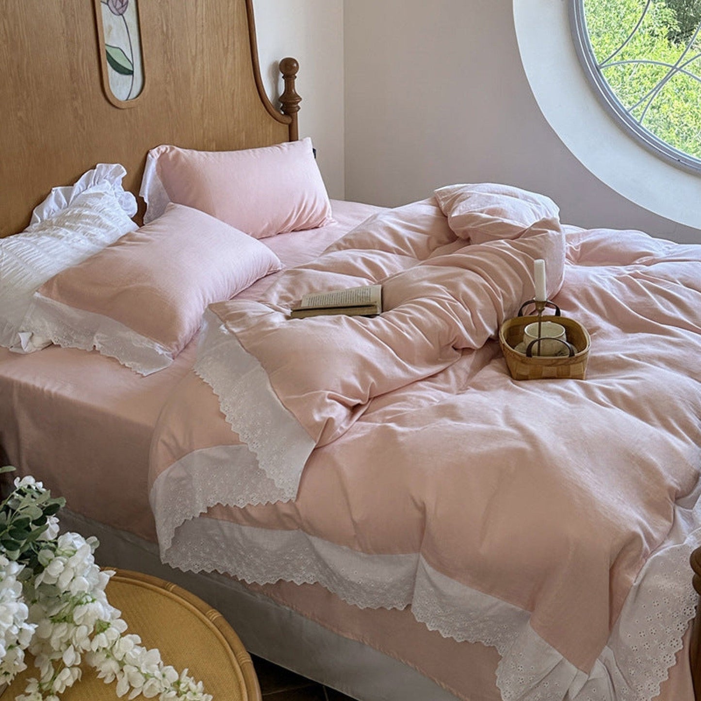 White Ruffle Lace Bedding Set / Yellow